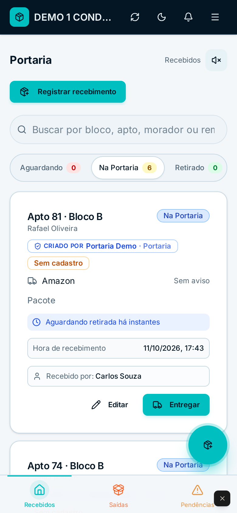 Tela da Portaria do CONDOHUB no celular